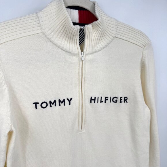 Tommy Hilfiger 1/4 quarter zip sweater spell out cotton men’s size Medium ivory - Picture 3 of 11